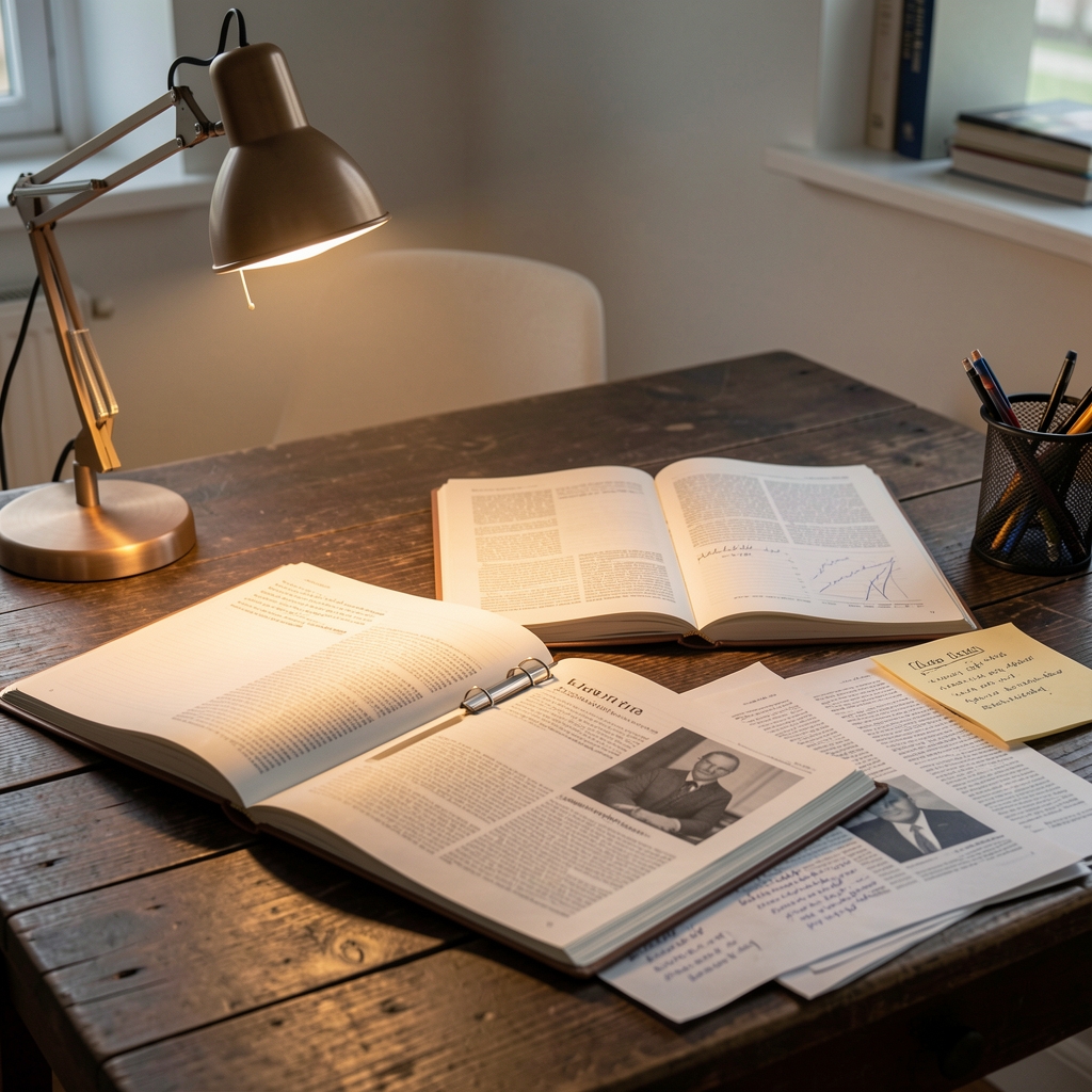 Editorial workspace with an open notebook, a cup of coffee and printed nutrition research articles spread on a dark wooden desk under warm lamp light