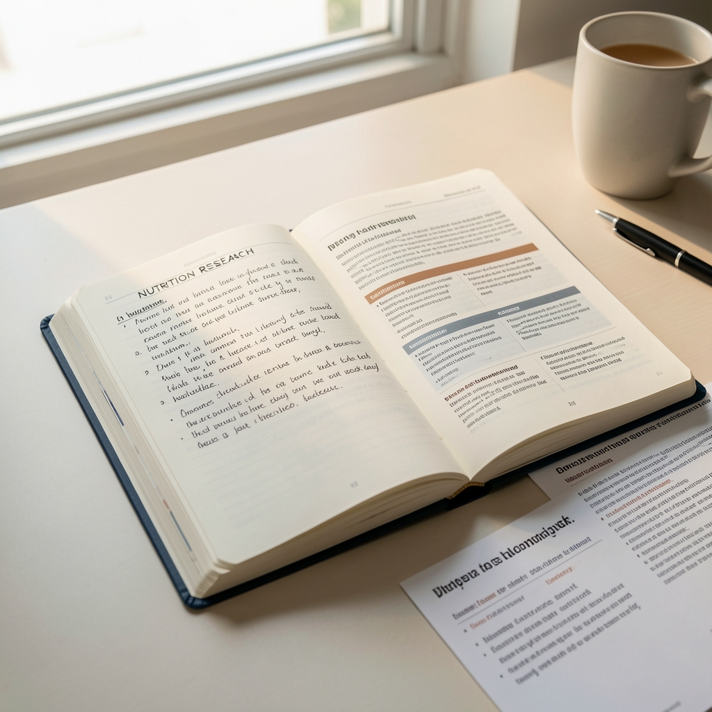 Close-up of an open editorial notebook with handwritten nutrition research notes and published dietary guidelines spread across a clean desk in morning light