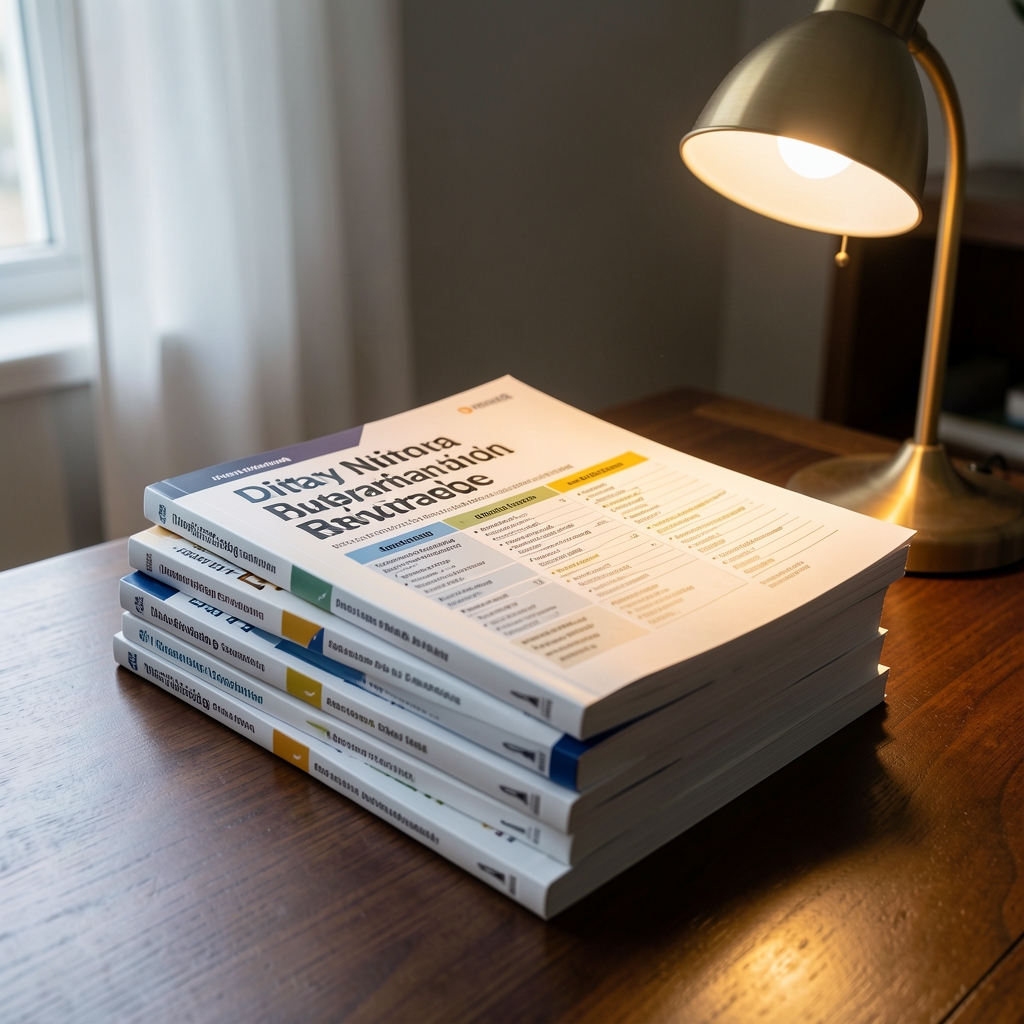 Stack of printed nutritional research journals and dietary guideline publications on a dark wooden desk with a single warm reading lamp