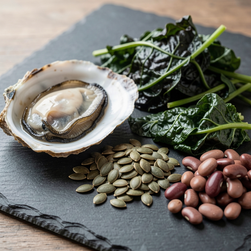 Close-up of a variety of zinc-rich foods including oysters, pumpkin seeds, dark leafy greens and legumes arranged on a slate surface in natural light