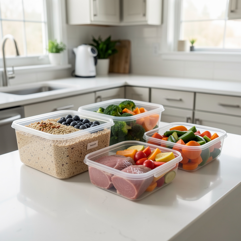 Organised weekly meal prep containers with whole grains, lean proteins and colourful vegetables on a clean kitchen counter in morning light
