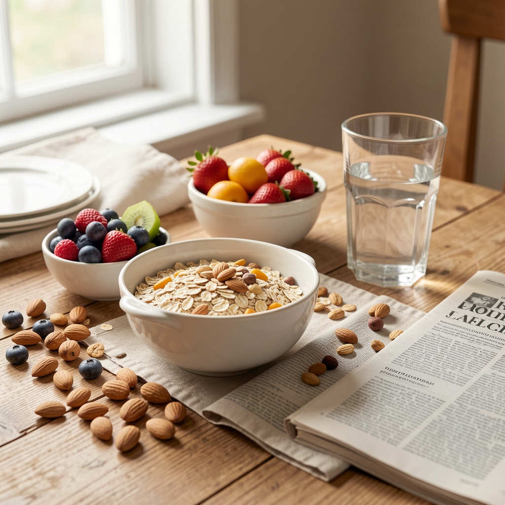 A well-arranged wholesome breakfast table featuring oats, fresh fruit, nuts and a glass of water beside a morning newspaper in soft daylight