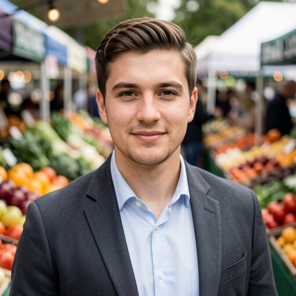 Portrait of Harriet Ashcroft, guest contributor at Rakon Letters, photographed outdoors at a farmers market with seasonal produce in the background